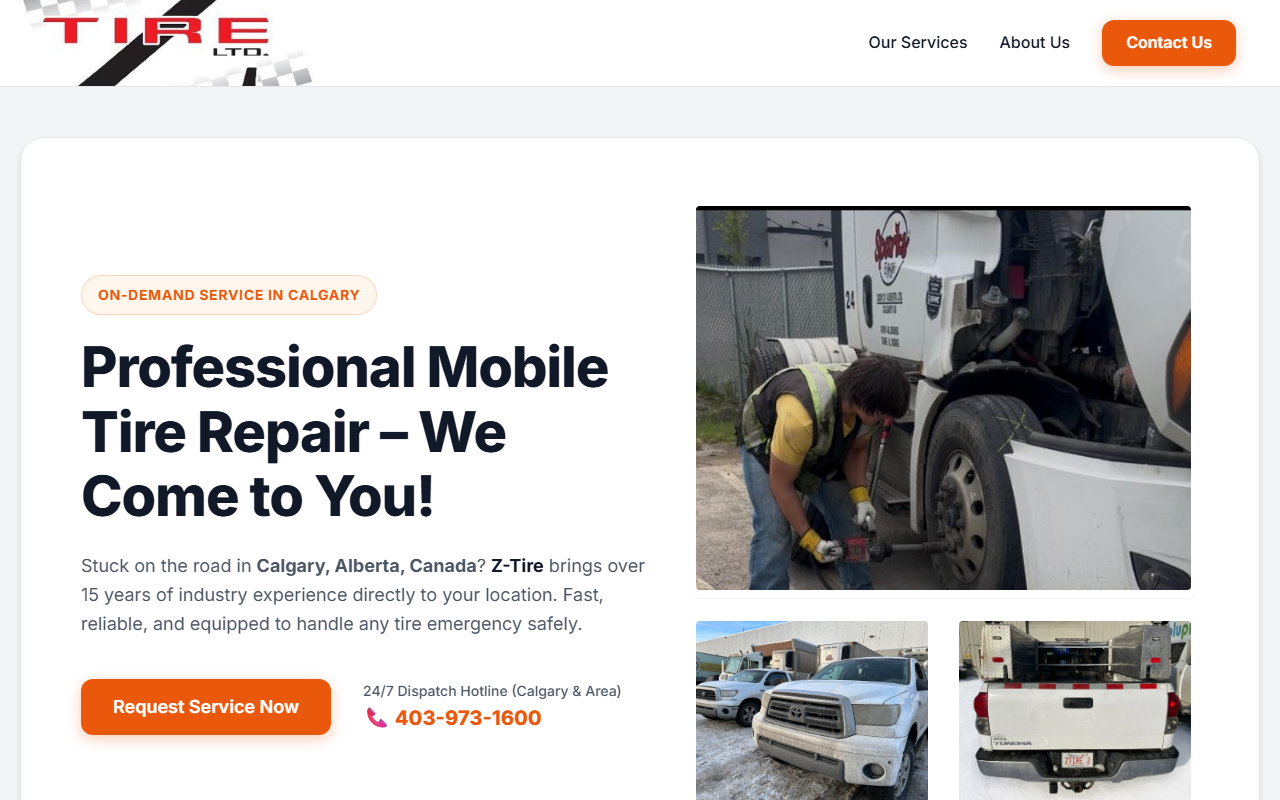 Z-Tire mobile tire repair service website browser mockup showing booking form
